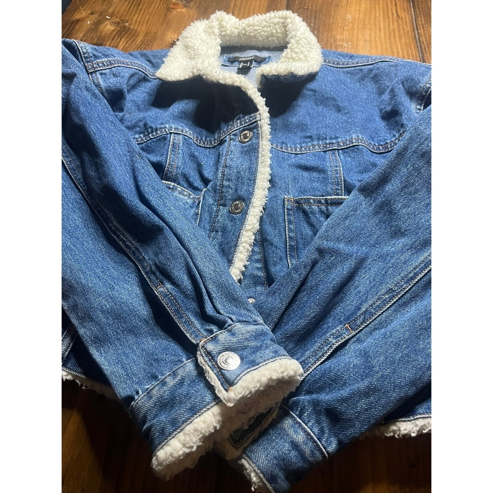 Forever 21 Women Blue Denim Sherpa Lined Trucker Jacket Size Small